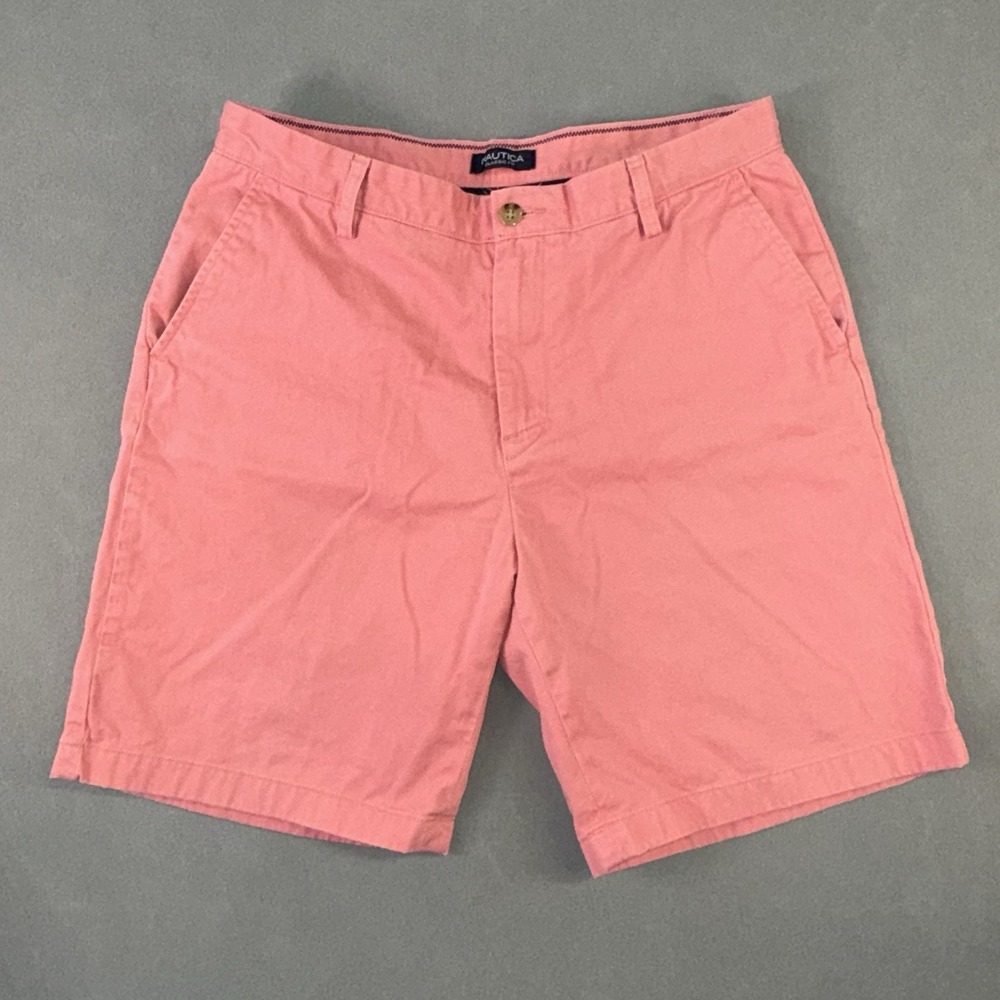 Men's Nautica Classic Fit Flat Front Preppy Chino Shorts Pink Peach Size 33w